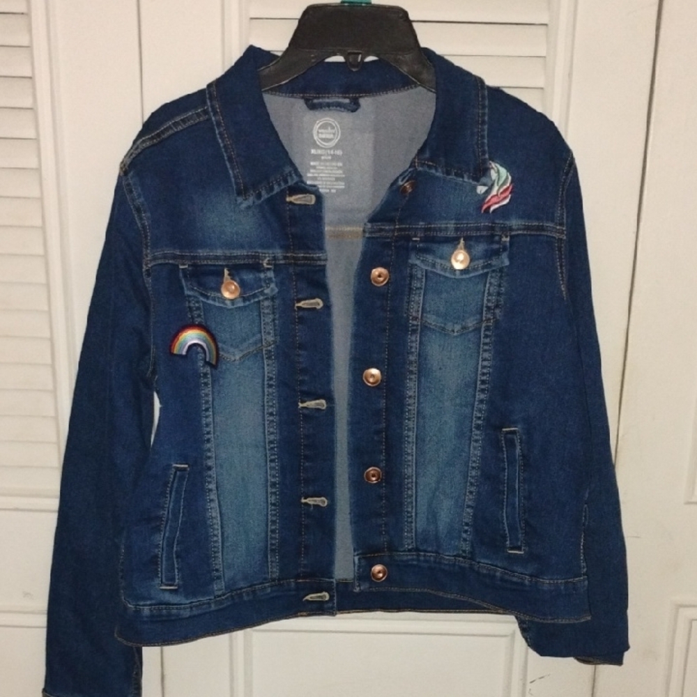 Blue Denim Jacket with Rainbow Patches